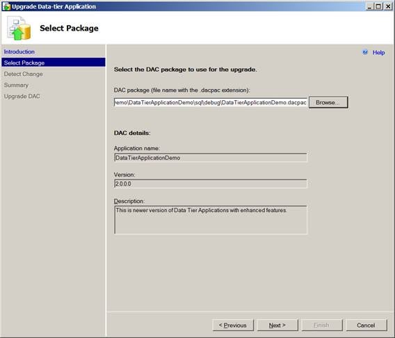 Upgrade Data Tier Applications wizard - Select DAC Package screen