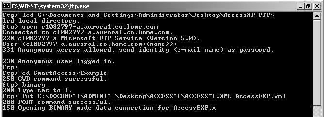 Example of FTP commands executing in a dos window