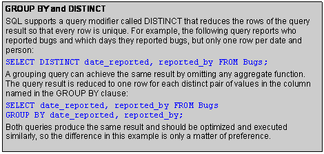 Text Box: GROUP BY and DISTINCT
SQL supports a query modifier called DISTINCT that reduces the rows of the query result so that every row is unique. For example, the following query reports who reported bugs and which days they reported bugs, but only one row per date and person:
SELECT DISTINCT date_reported, reported_by FROM Bugs;
A grouping query can achieve the same result by omitting any aggregate function. The query result is reduced to one row for each distinct pair of values in the column named in the GROUP BY clause:
SELECT date_reported, reported_by FROM Bugs GROUP BY date_reported, reported_by;
Both queries produce the same result and should be optimized and executed similarly, so the difference in this example is only a matter of preference.

