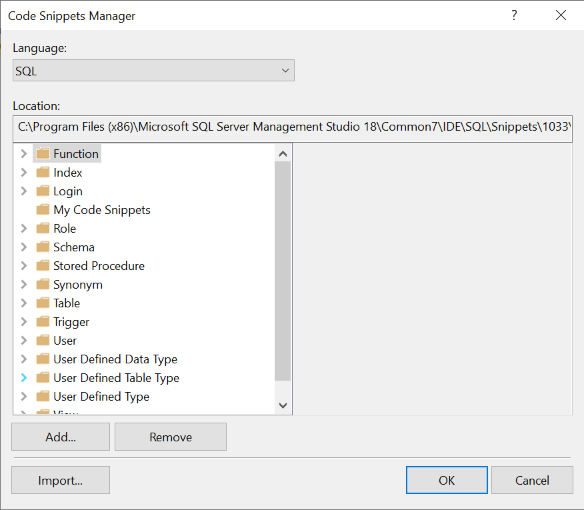Code Snippets manager window.