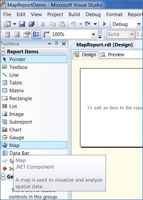 Drag the map report item from the Toolbox to the designer area
