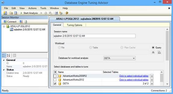 Database Engine Tuning Advisor launched from SSMS using workload queries