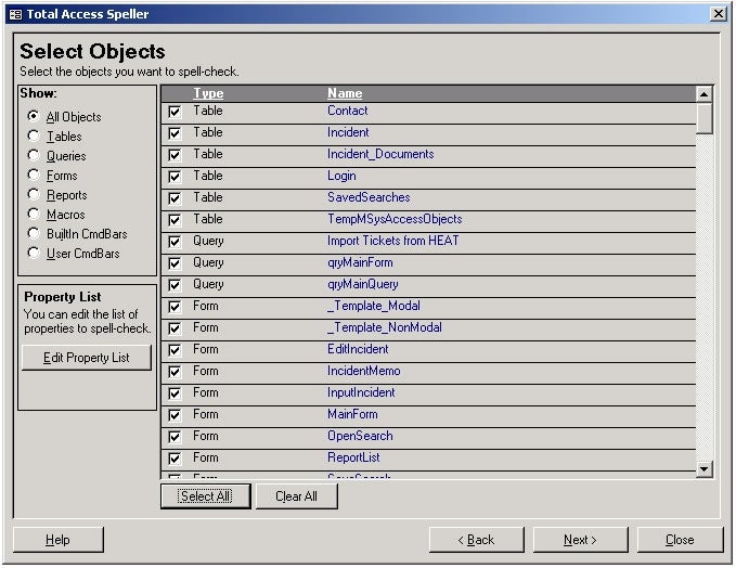 Database Object Selection Screen