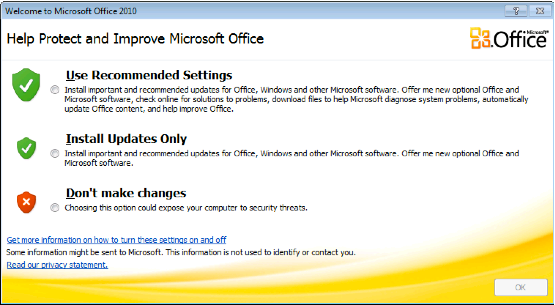 You can choose Privacy Options when you first start Access 2010.