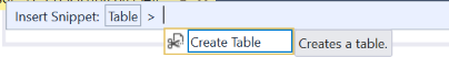 The Create Table window when using a TSQL code snippet.