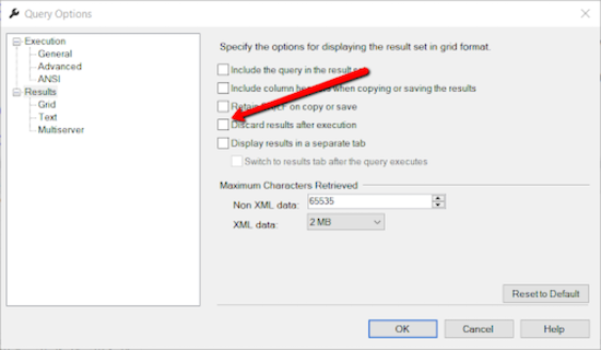 Screenshot shows how to discard results in SQL Server.