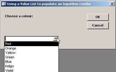 A sample InputBox utilizing a combo boxshot of
the VB Editor