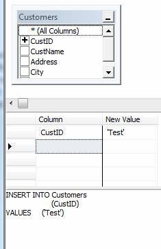 As you enter data in the Column and New Value in the Query Designer's middle pane, the INSERT INTO script is built