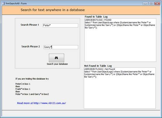 Figure 1 - Tool to search back-end databases for the location of strings