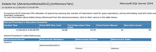 Drill Down and Look at Statistics for the InMemoryTst1 Stored Procedure