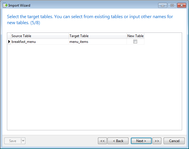 Import Wizard Target Table Screen