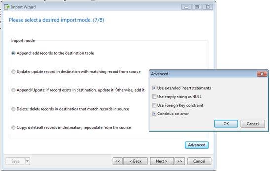 Import Wizard Import Mode and Advanced Properties Dialog