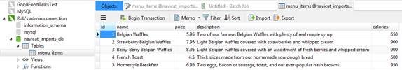 The menu_items Table with Imported XML Data
