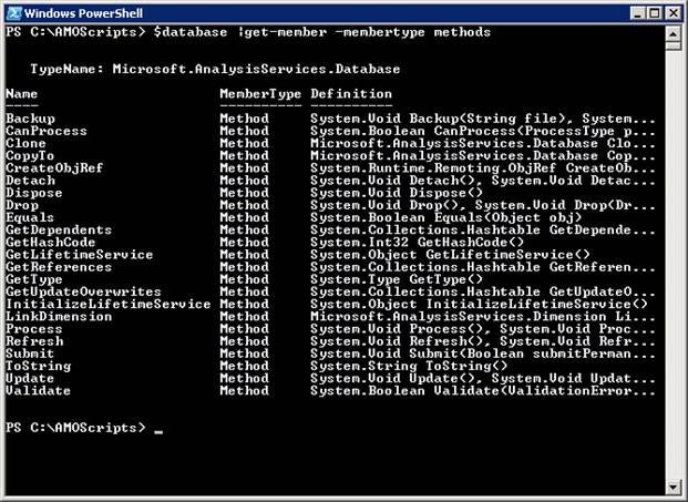 results of querying all of the Methods available for the databases Class in 'Microsoft AnalysisService.Server'