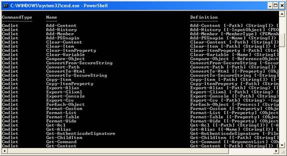 all of the commands available in PowerShell