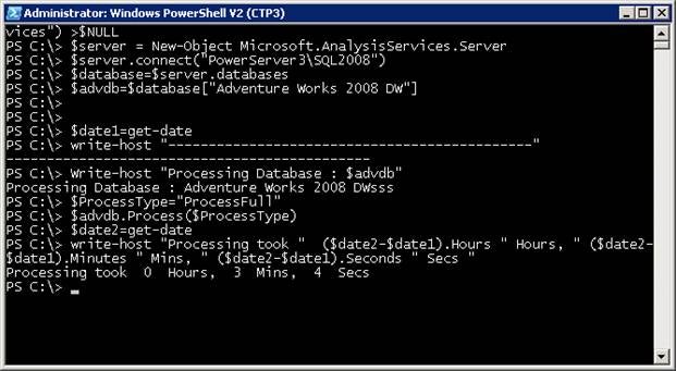process all of the cubes and dimensions of the Analysis Service Database using the below Windows PowerShell script block