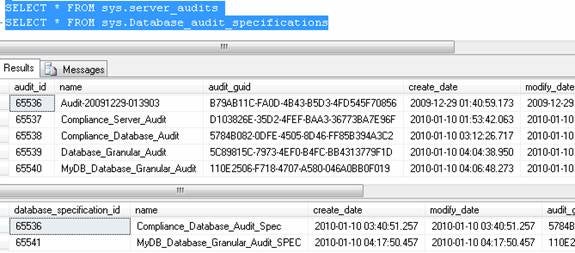 Metadata information on the Server Audit and Audit specification
