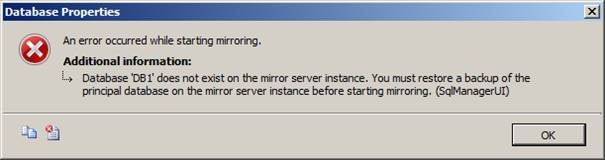 Database does not exist on the mirror server instance