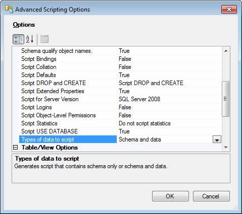 Select the value Schema and data under the option Types of data to script
