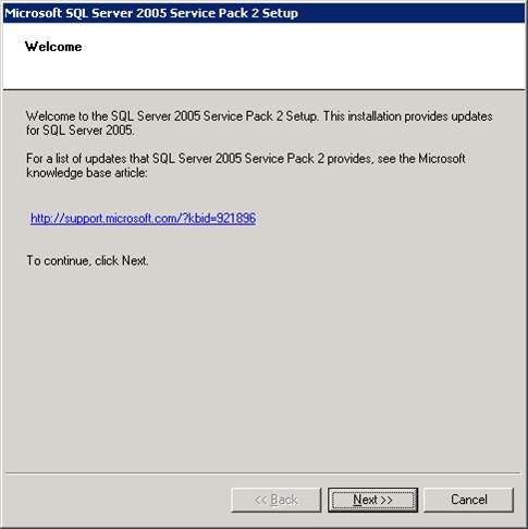 Microsoft SQL Server 2005 Service Pack 2 Setup Welcome page