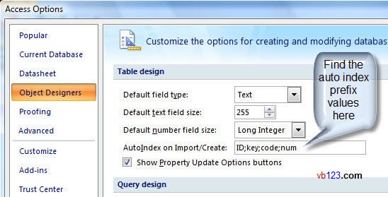 Figure 2 - Finding and setting the Auto index on creation option