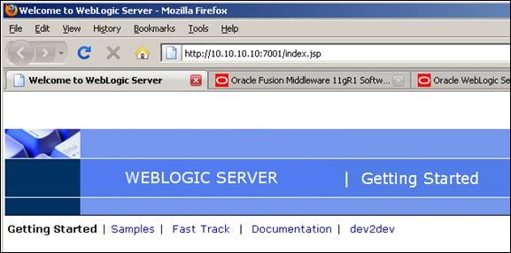 Welcome page for WebLogic Server