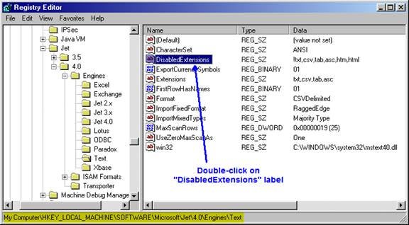 System Registry entries associated with text files when using MDB files