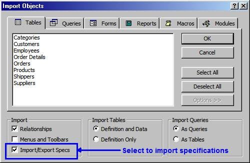 The Import Objects options